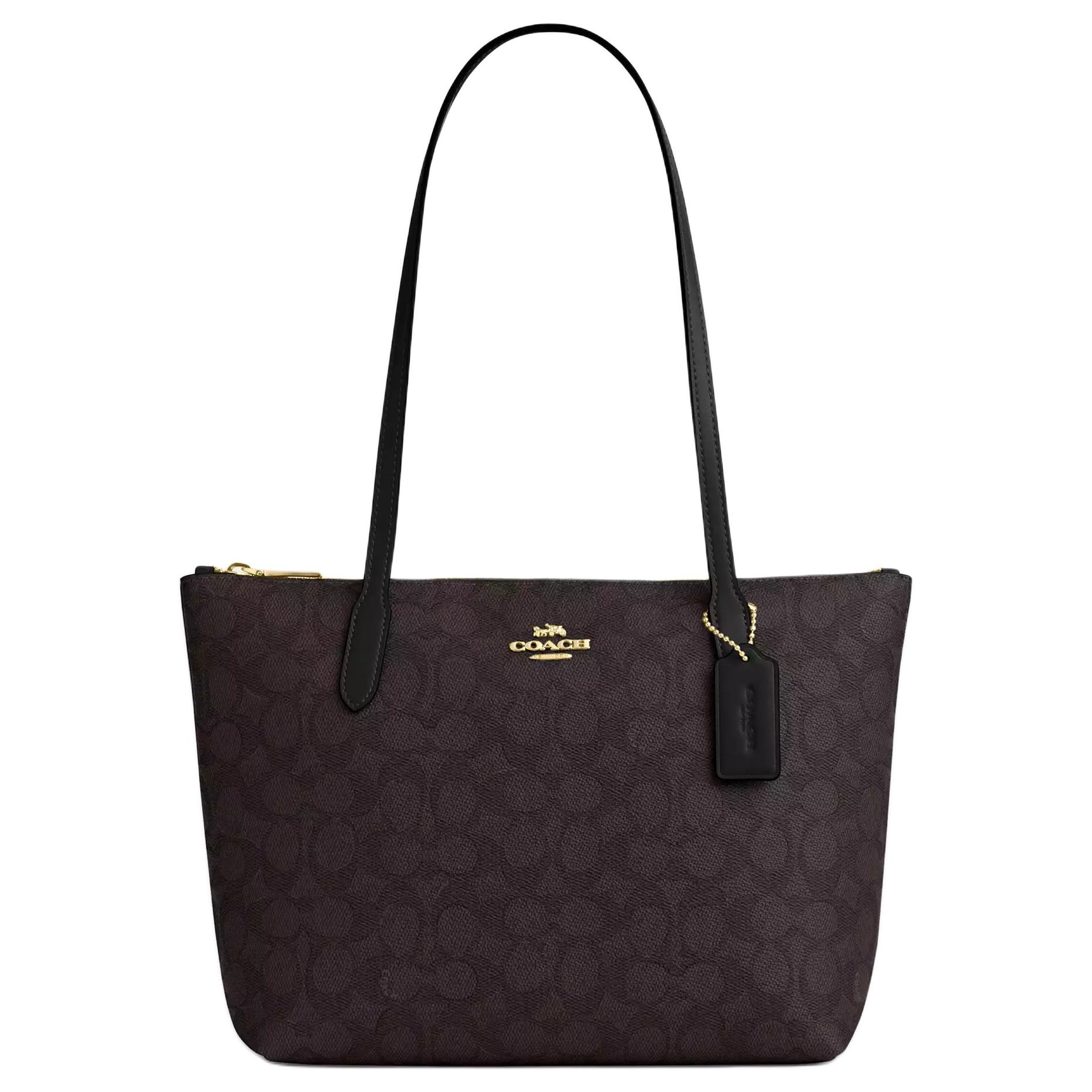 Coach Women's Black Fiona 24 Brand Logo Print Tote Shopping Bag Handbag Coated Canvas Leather Shoulder Bag Medium Tote Cbt18-Imxaq