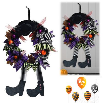 Halloween Black Wreath with Hat Witches Legs Pumpkin Long Legged Wicked Witch Wreath Front Door Garlands for Party Decor