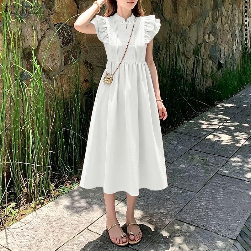 ZANZEA Women Casual Stand Collar Fly Sleeve Summer Elegant Dress