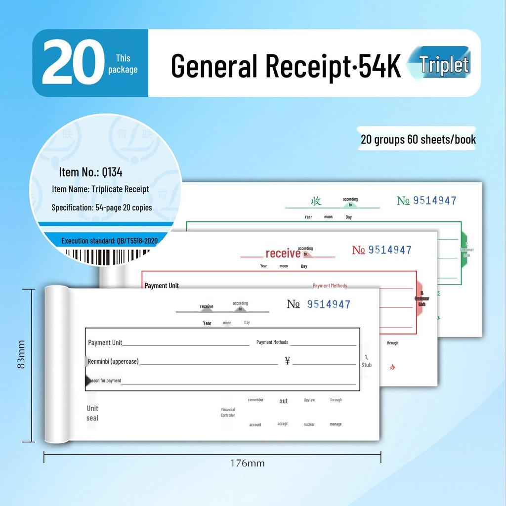 Qinglian Q Series 54K Universal Payment Receipt Book with Carbon Copy, Two-Part and Three-Part Forms