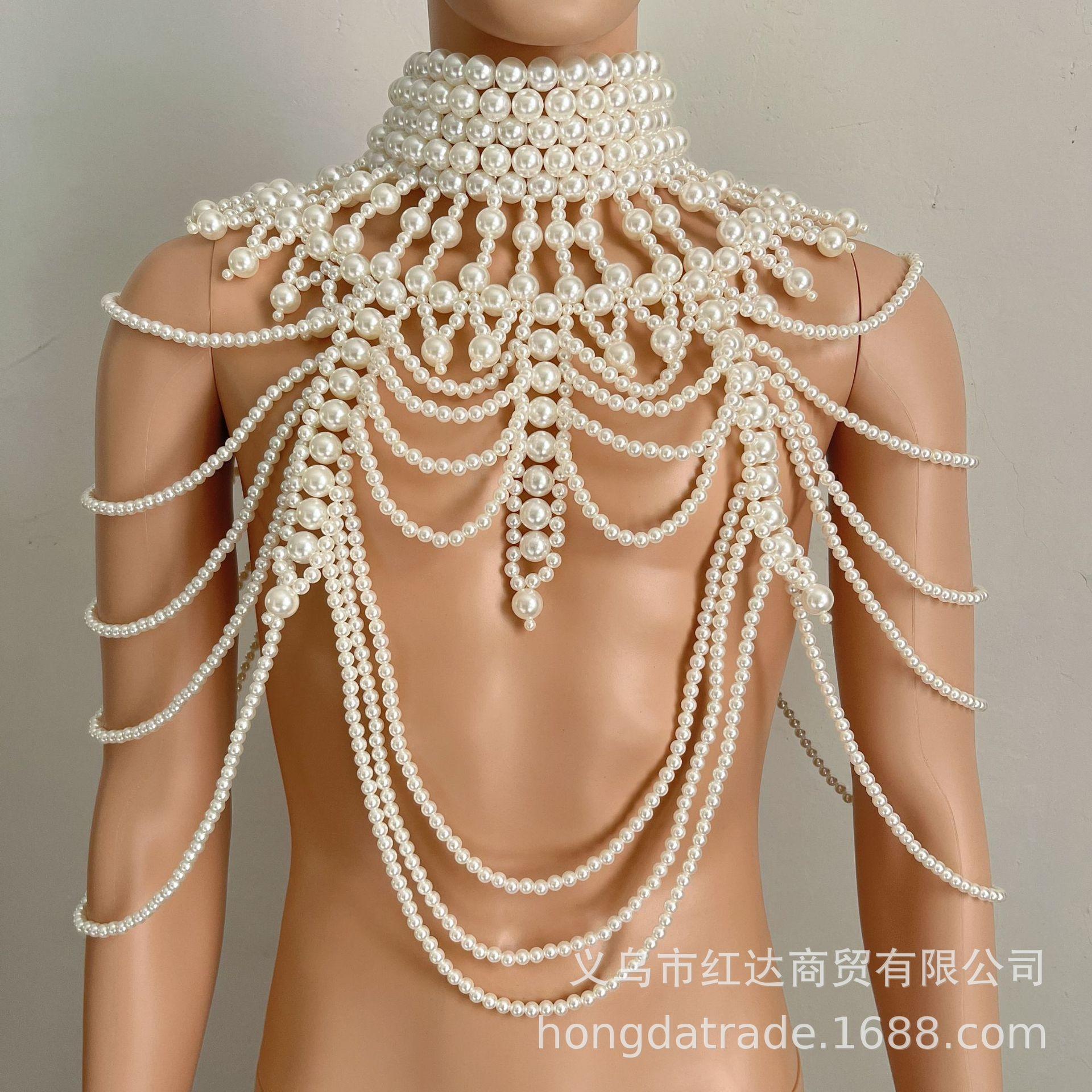 Женская сексуальная многослойная жемчужная цепочка на тело, ручная работа, бусины, сценический костюм, цепочка на грудь, полый, элегантный