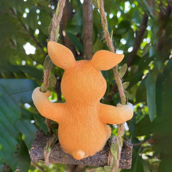 Hanging Swing Statue Rabbit Ornament Rope Tree Stump Base with Imitation Rattan Resin Craft