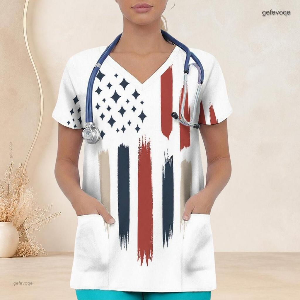 Women Plus Size V Neck Short Sleeve Scrub Top Retro Brush Painting American Flag Star Print Nurse Uniform Top