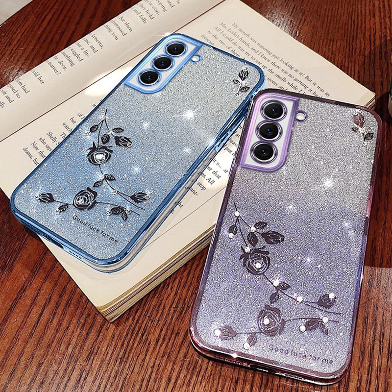 KADEM Rhinestone Design Smartphone Case for Samsung Galaxy S22 5G,Anti-Scratch Flower Pattern Decor Glitter Powder Gradient Color TPU Phone Cover