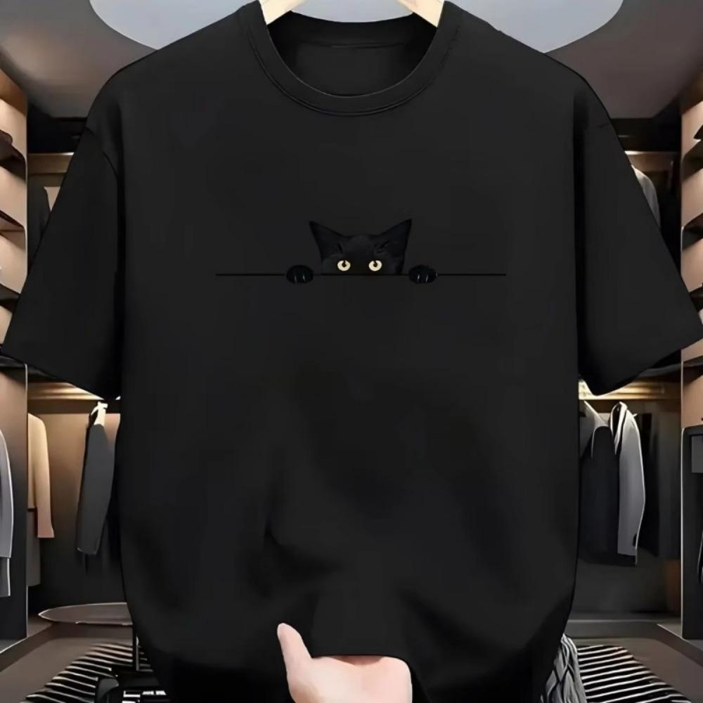 Men'S Casual Black T-Shirt with Cute Cat Design Soft Polyester Short Sleeve Summer Fashion Essential for Casual Attire Tops
