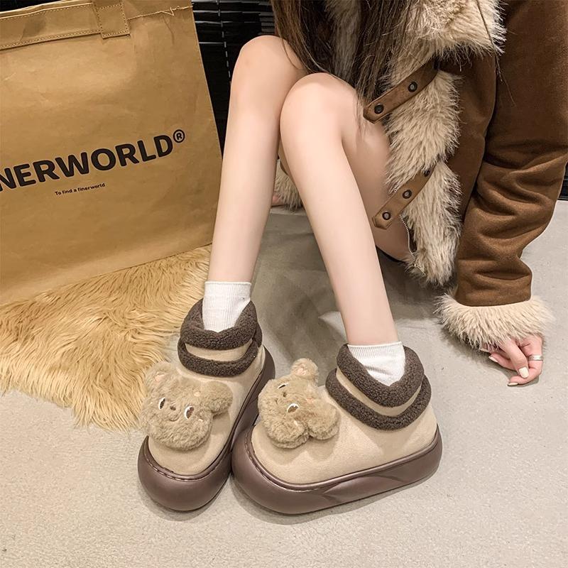 New 2025 Autumn and Winter Cute Bear New Cotton Shoes Velvet Warm Bread Shoes Home Non-slip Cotton Slippers