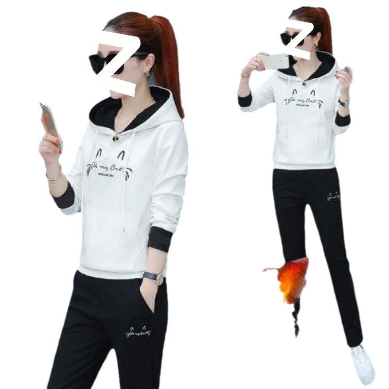 Winter and Autumn Casual Sportswear Set for Women (Korean Version) - Embroidered Hooded Loose Long-Sleeved Warm and Thick Two-Piece Set