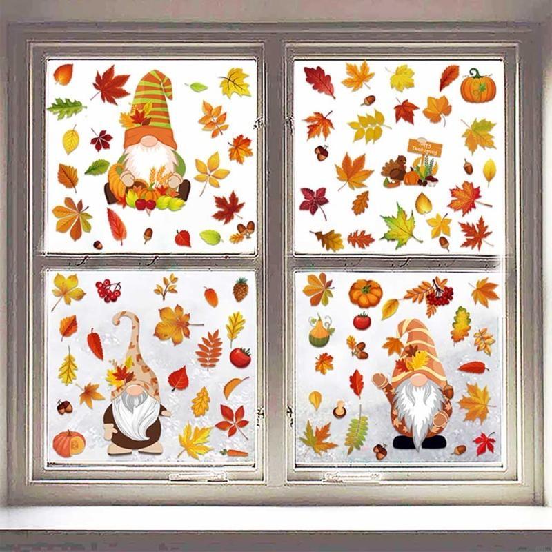 62KD 6 Sheets Autumn Thanksgiving Gnomes Window Clings Decal Fall Pumpkin Maple Leaf Electrostatic Stickers Wall Decor