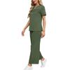Women's Fashion Color Round Neck Short Sleeved Pleated Top With Drawstring Pockets Casual Pants Sports Two,piece Set