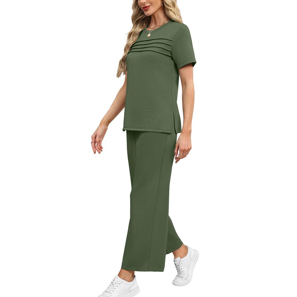 Women's Fashion Color Round Neck Short Sleeved Pleated Top With Drawstring Pockets Casual Pants Sports Two,piece Set