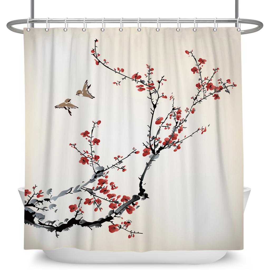 Vintage Bird Flower Shower Curtain with Hooks Artistic Peacock Floral Design Chinese Style Waterproof Polyester Bathroom Curtain