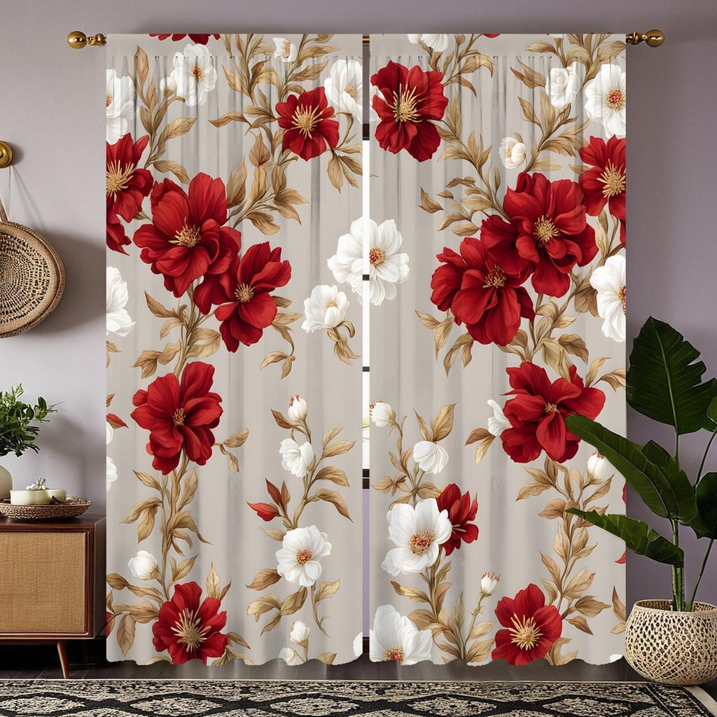 2-piece HD Digital Red Tie Bright Flower Curtain Home Decoration Style Decorate Living Room Bedroom Wear Rod Curtain Effect Styl