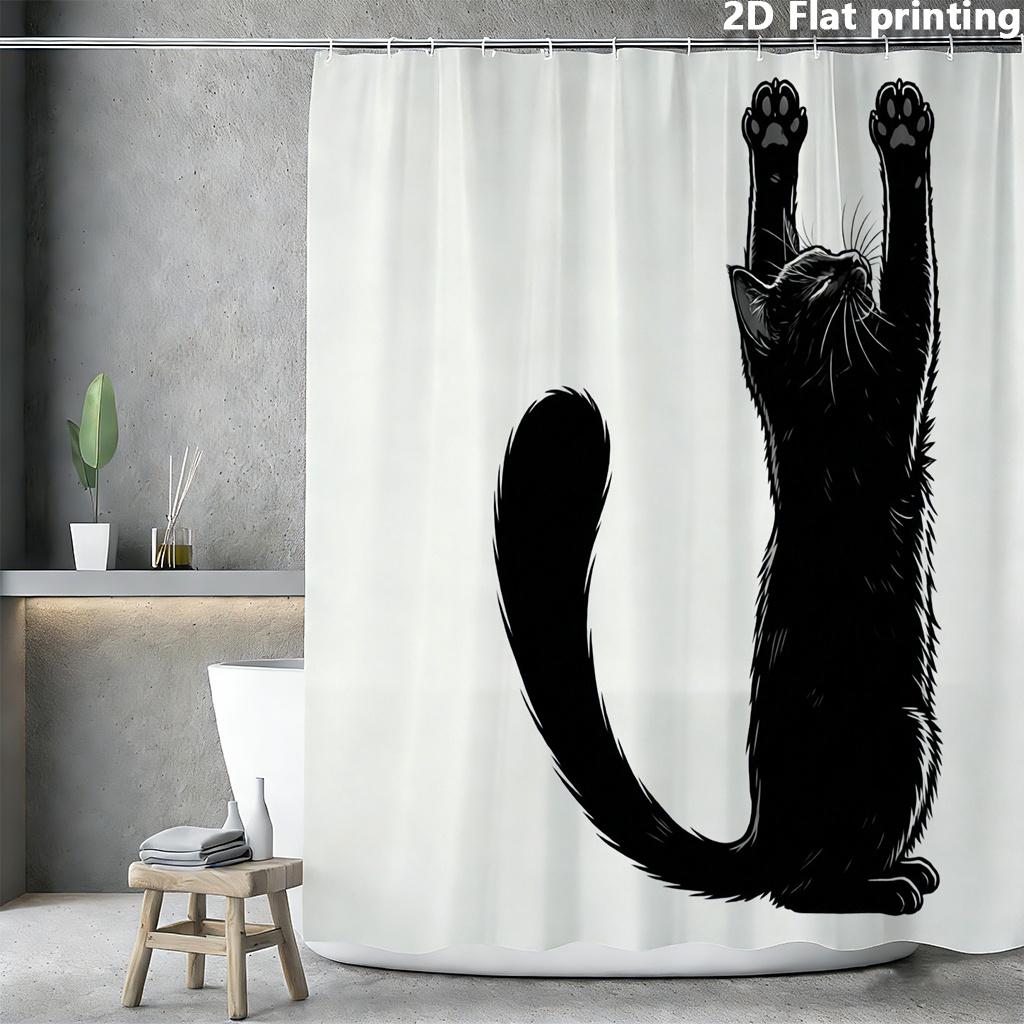 

Black Cat Shower Curtain – Big-Eyed Adult Cat With Pink Bow, 2D Flat Print, Polyester, 70.8 X70.8 Inch W60H190(CM)-1 Pcs