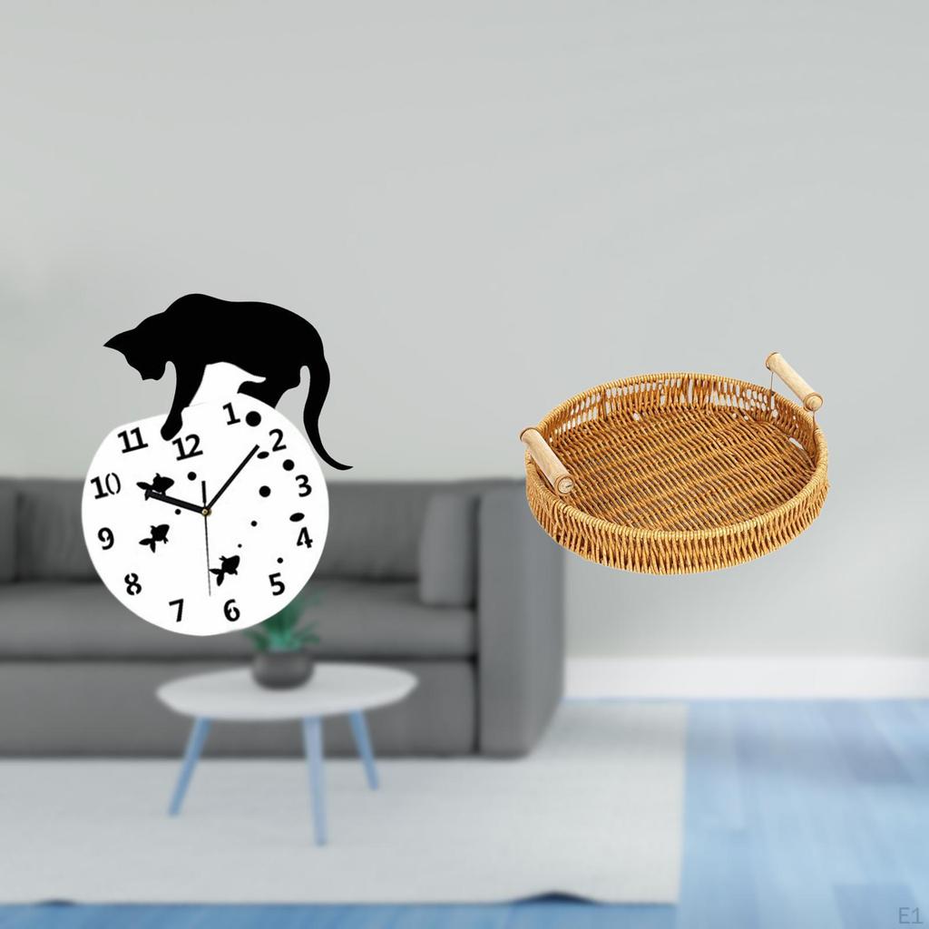 Silent Woven Hanging Cat Clock Basket Quiet Movement Analog Wall for Living Room Farmhouse