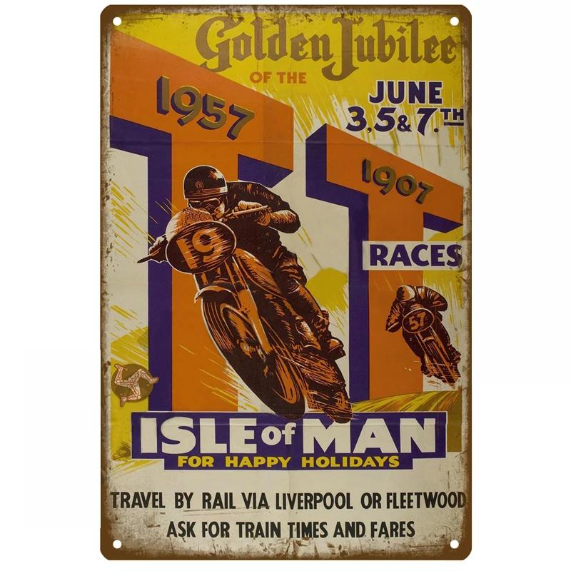 Tt Of Races Poster Vintage Isle of Man Segno di Latta Competizione Motociclistica da Corsa Retrò Placca in Metallo Arrugginito Shabby Decorazione per la Casa