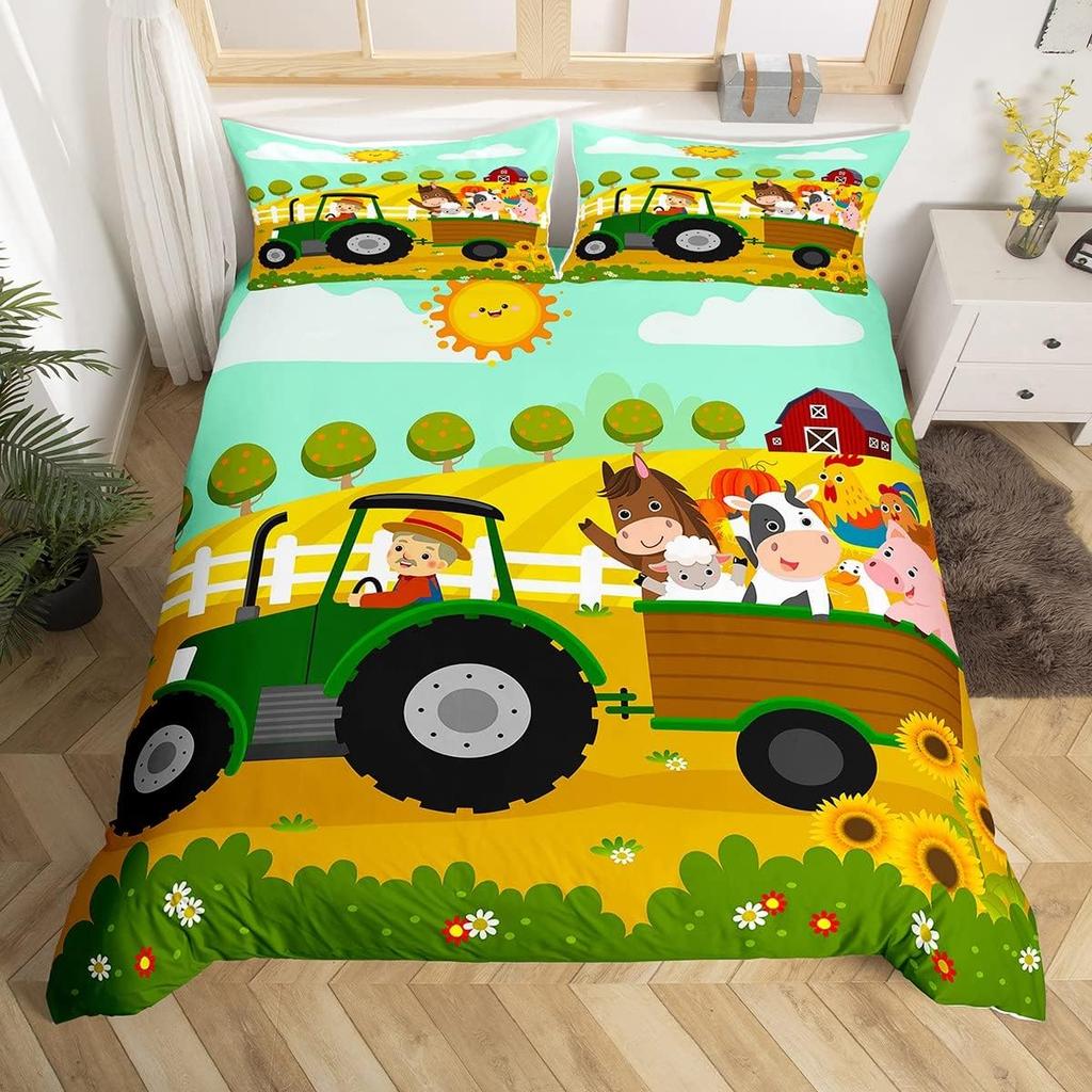 Comforter Cute Cartoon Farm Animal Truck Tractor Bedding Set Farmhouse Country Cozy Comforter For Boys Teen Room Decor