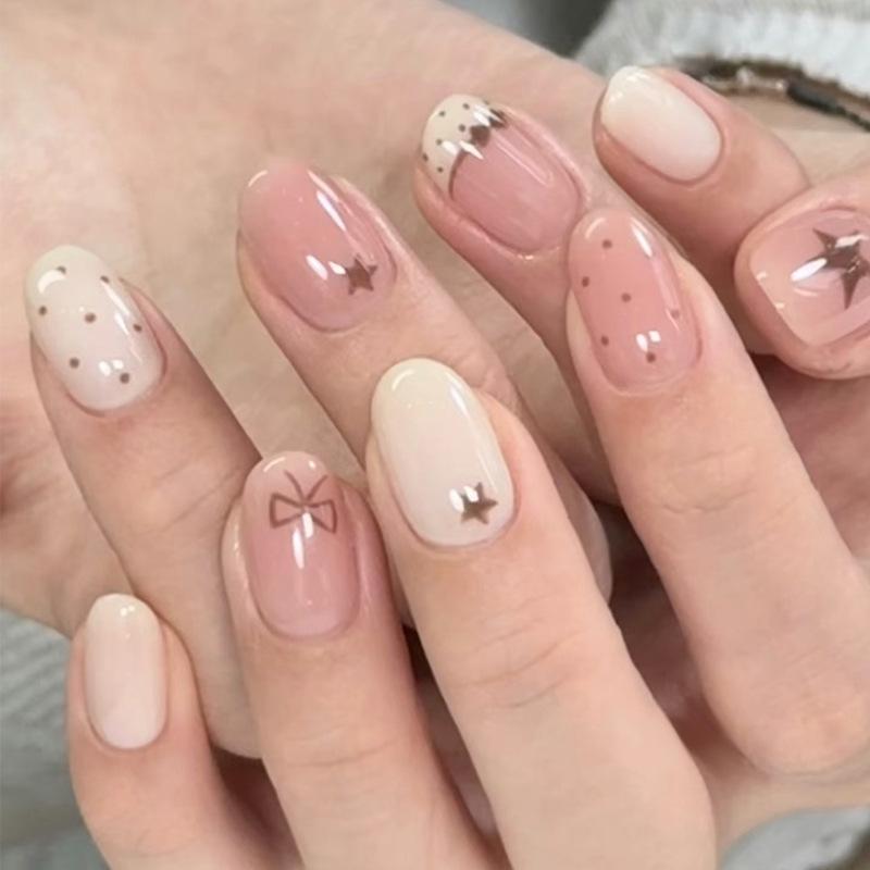 

24PCS Edgy False Nails Sweet Cool Dopamine Color Press on Nails Oval with Black Mask Love Star Polka Dots Design Manicure Art