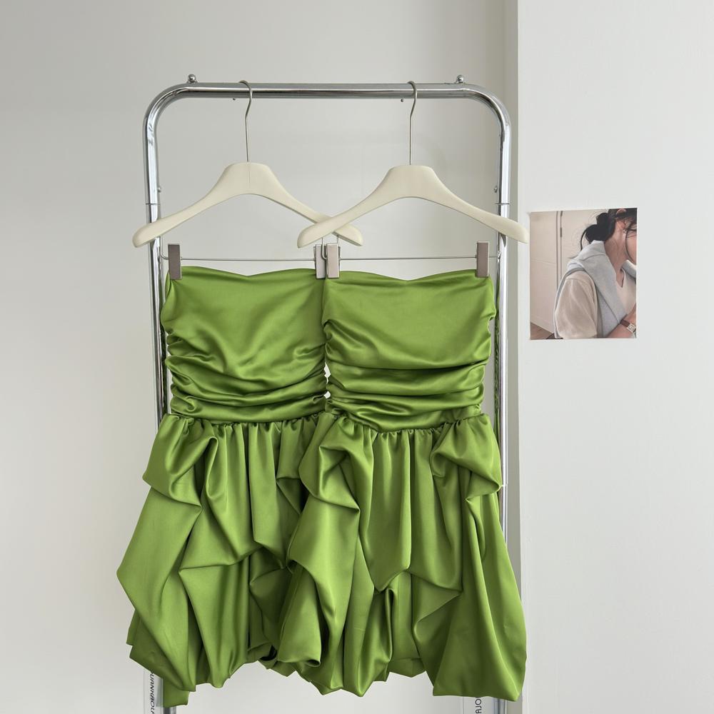 Retro temperament green bandeau bubble short skirt women's spring and summer birthday banquet evening dress dress