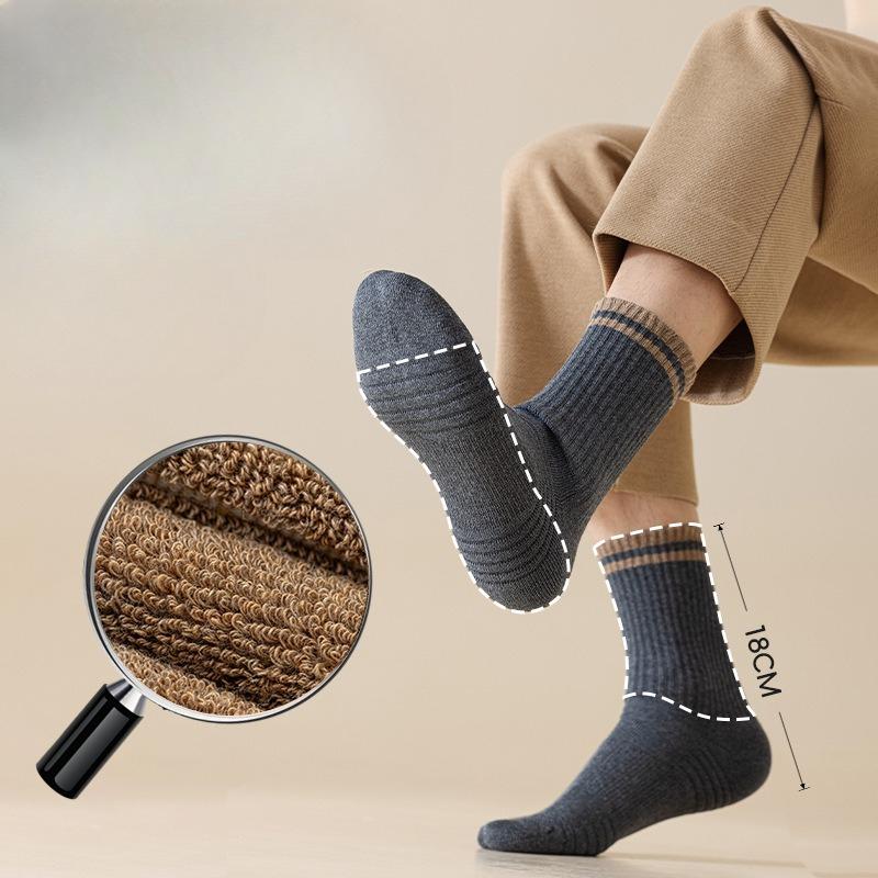 Men's Autumn and Winter Thickened Pure Cotton Wool Loop Bottom Color-blocked Mid-calf Socks, Warm Towel Bottom Anti-odor Sports Long Calf Socks