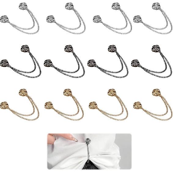 12 Pcs Magnetic Clothing Clips with Chain, Metal Magnetic Clothing Clips for Women in Gunmetal Gold Silver, Multi Use P for Clothes to Adjust Hem
