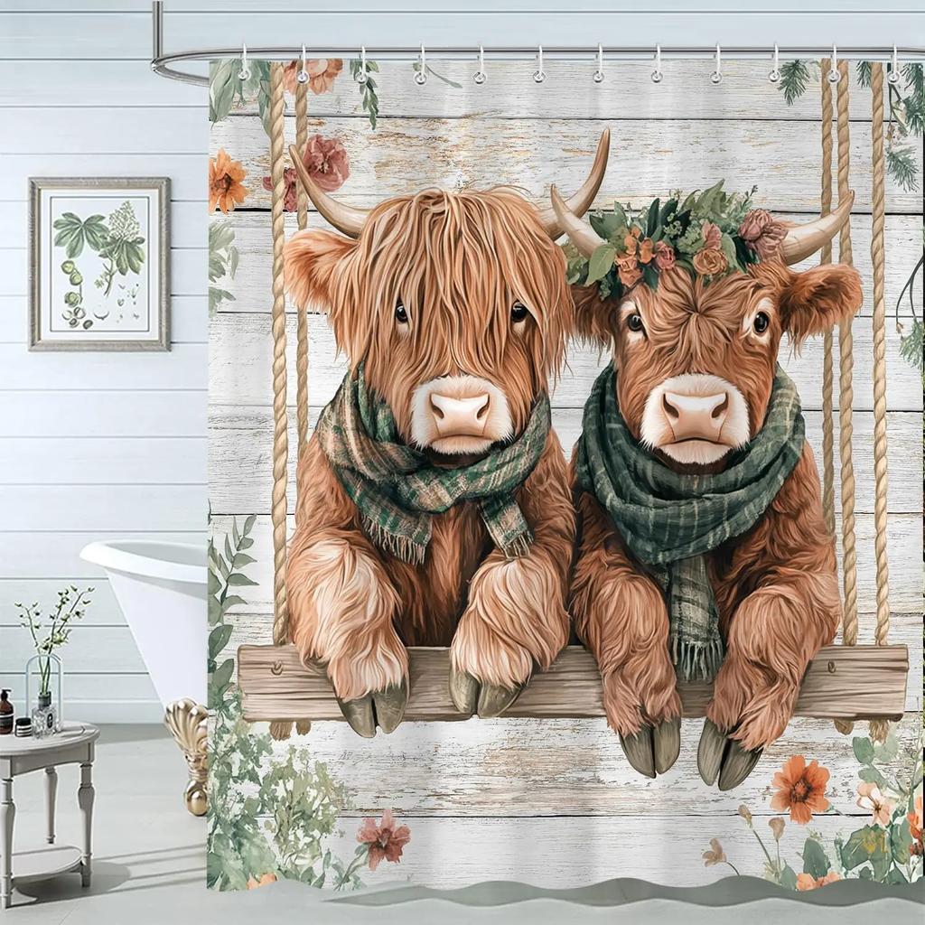Cute Highland Cow Shower Curtain for Bathroom, Farmhouse Rustic Cow Animal Bathing in Bathtub Shower Curtains Decor Set