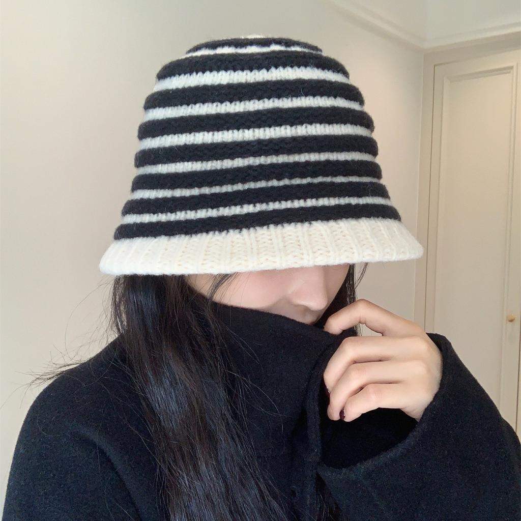 Sweet Knitted Striped Bucket Hat Women's New Autumn and Winter Wool Basin Hat