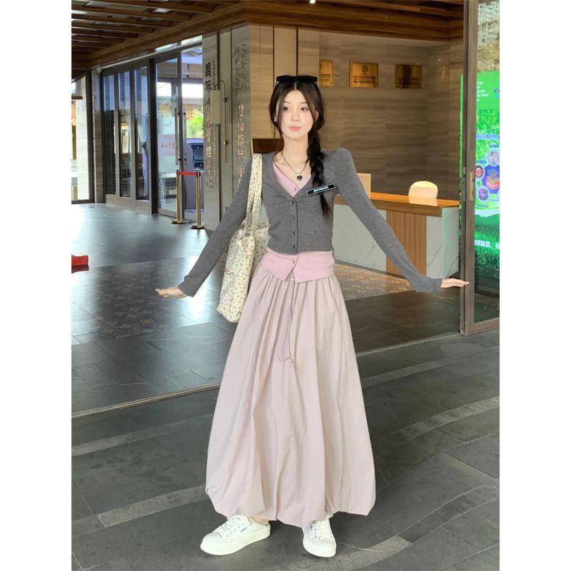 Kumikumi Design Temperament Fake Two Pieces Long Sleeve Knit Women Autumn High Waist Slimming Skirt Two-piece Set
