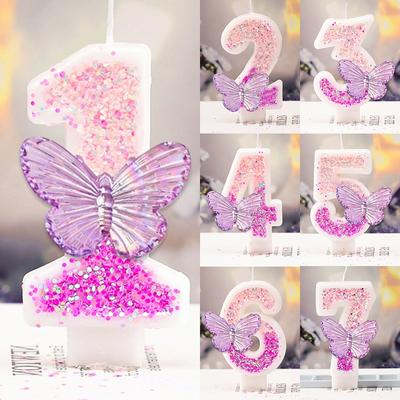 Velas de Aniversário com Números 0-9 Borboleta Roxa Glitter Velas Digitais Topper para Bolo Decorações para Festa de Aniversário Casamento Suprimentos