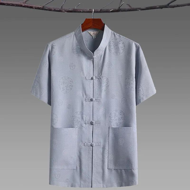 Summer Chinese Tang Suit Short-Sleeved Suit Men's Hanfu Kung Fu Shirt Tai Chi Solid Color Cotton Linen Layman's Clothing Summer Linen Suit