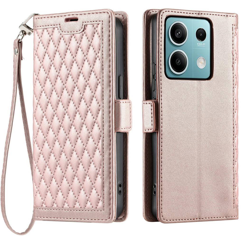 For Xiaomi Redmi Note 13 5G Leather Case Rhombus Texture Wallet Stand Phone Cover with Wrist Strap