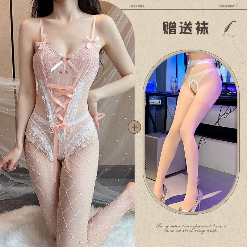 Sexy lingerie sexy lace seduction straps sweet candy-colored onesie hidden buckle open crotch uniform suspender set