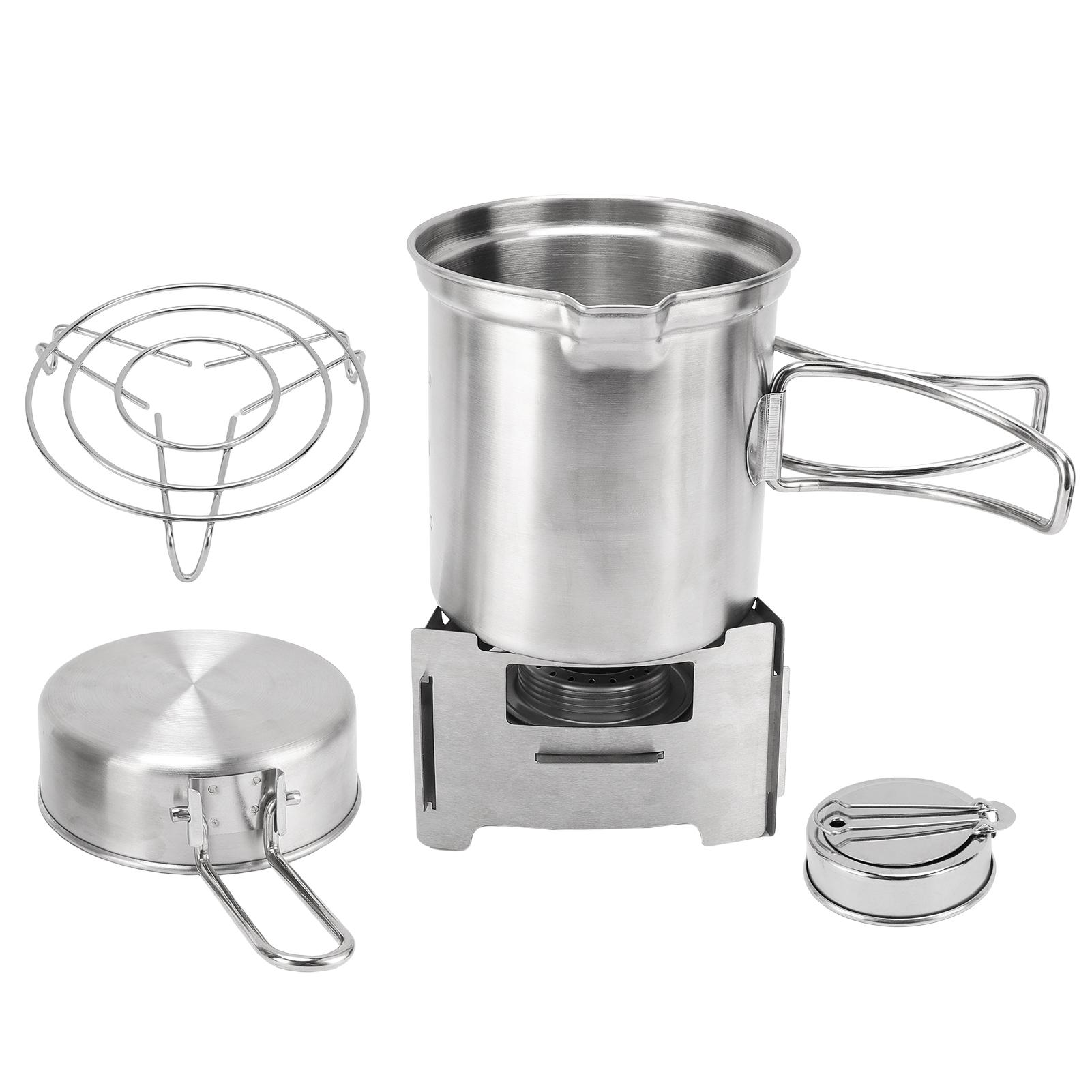

Camping Cooking Set 1 Person Outdoor Stainless Steel Cookware Alcohol Stove 1L Pot 400ml Pan 120ml Stove Windscreen