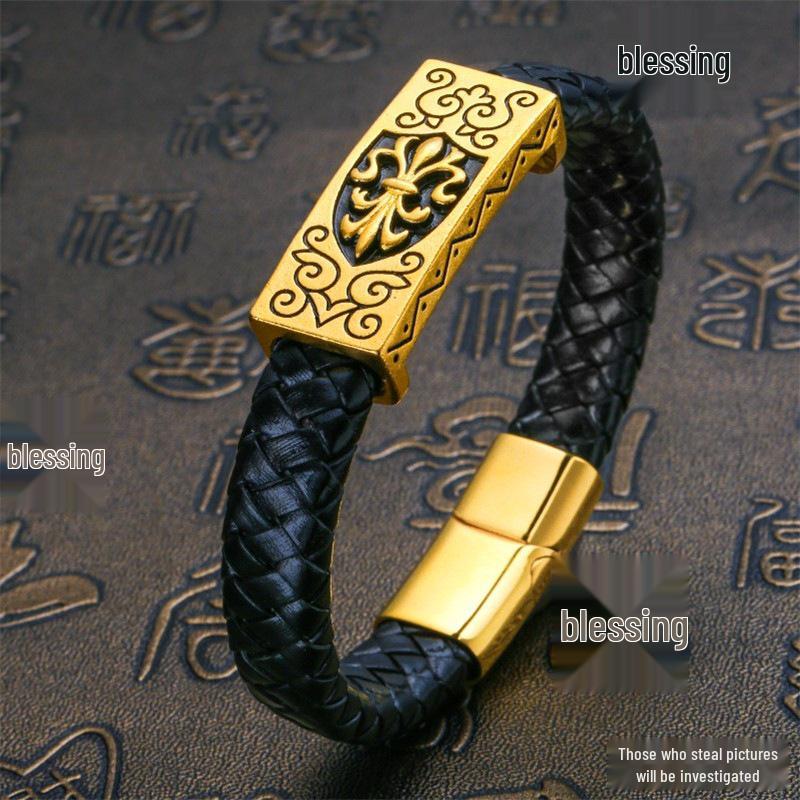 Vietnam Sandgold Persönlichkeit Ruyi Abakus Lederarmband für Männer - Dominanter Ethnischer Stil, Vergoldet.
