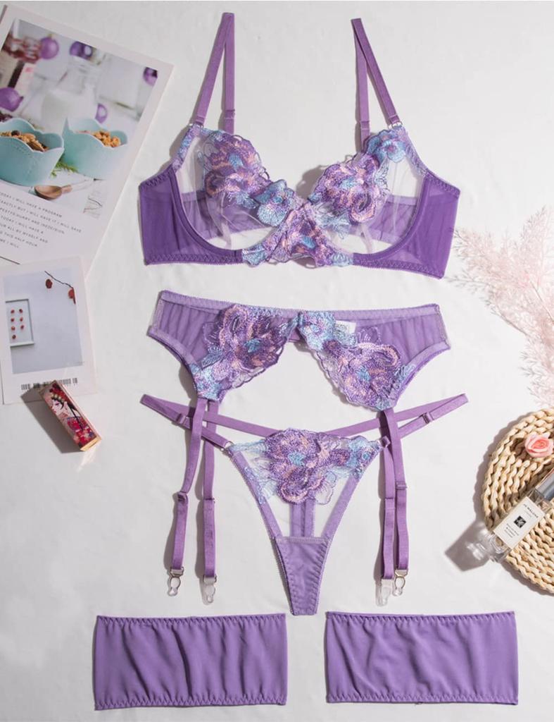 [qianqu] Teddy Babydoll Strap Bra and Panty Set with Lace Garter Belt Lingerie Set