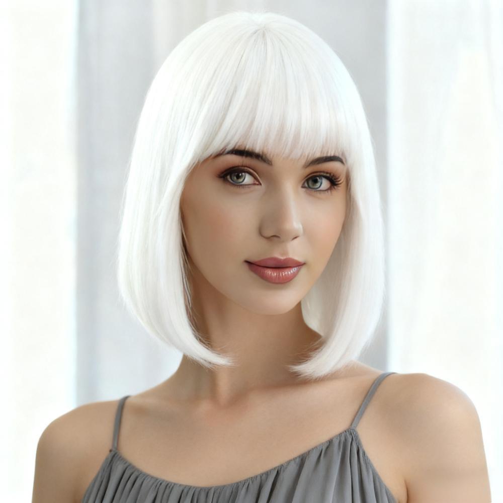 Synthetische kurze schwarzbraune blonde Perücken mit Pony für Damen, natürliche orange, pink, grau, gelbe Wellenhaare für tägliches Cosplay, Hochtemperaturfaser