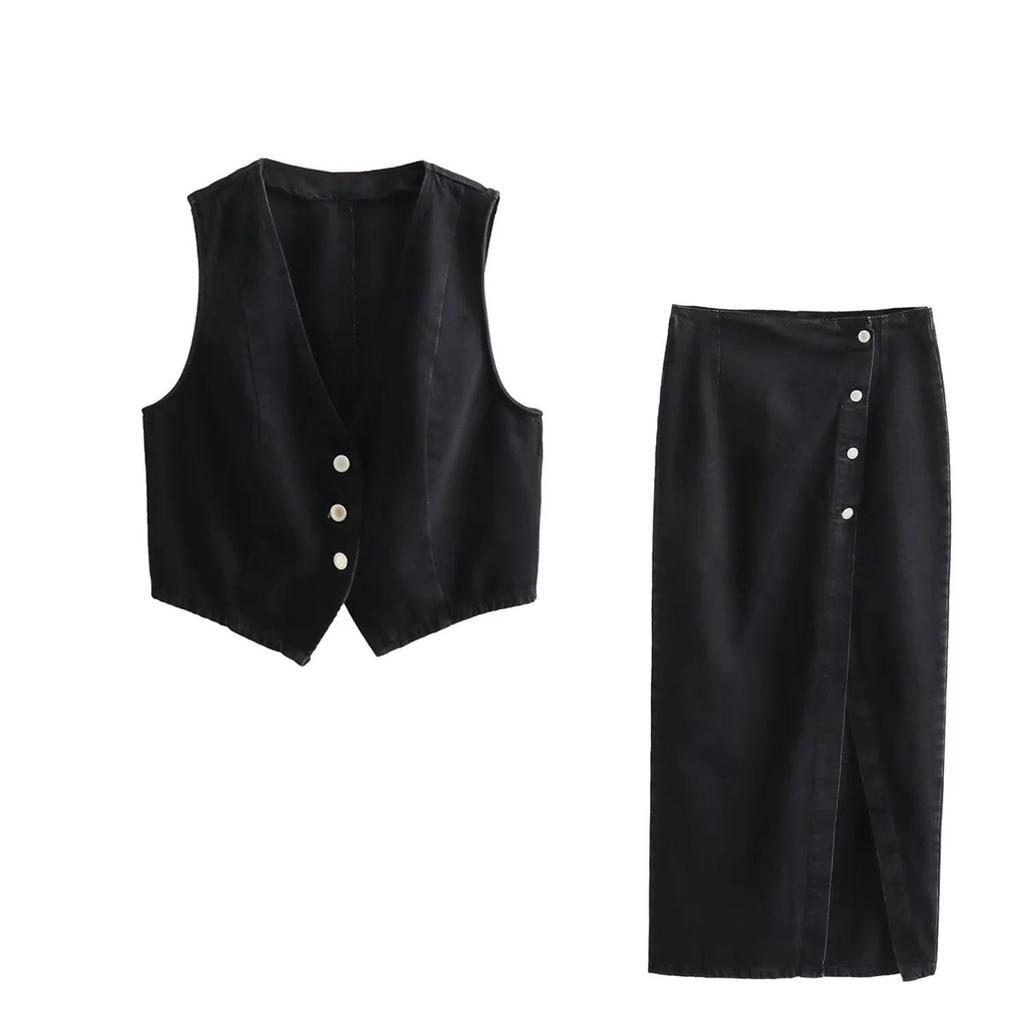 Women's European & American Short Denim Vest + Double Lapel Midi Skirt Set