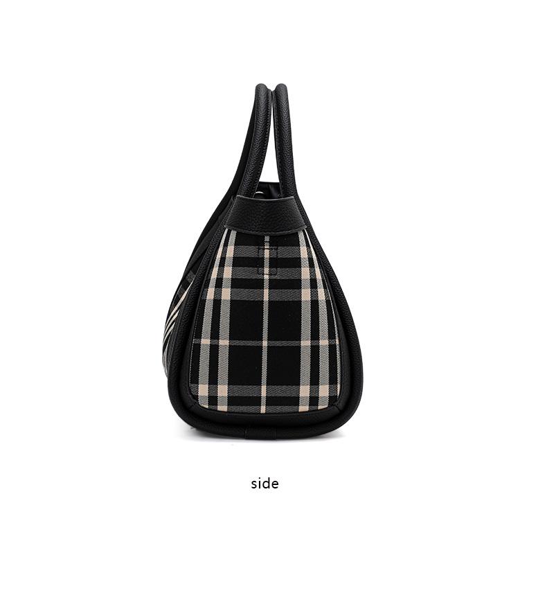 Women's Canvas and Genuine Leather Tote Bag Plaid Design Top Grain Cowhide Shoulder Handbag for Everyday Use Black and White