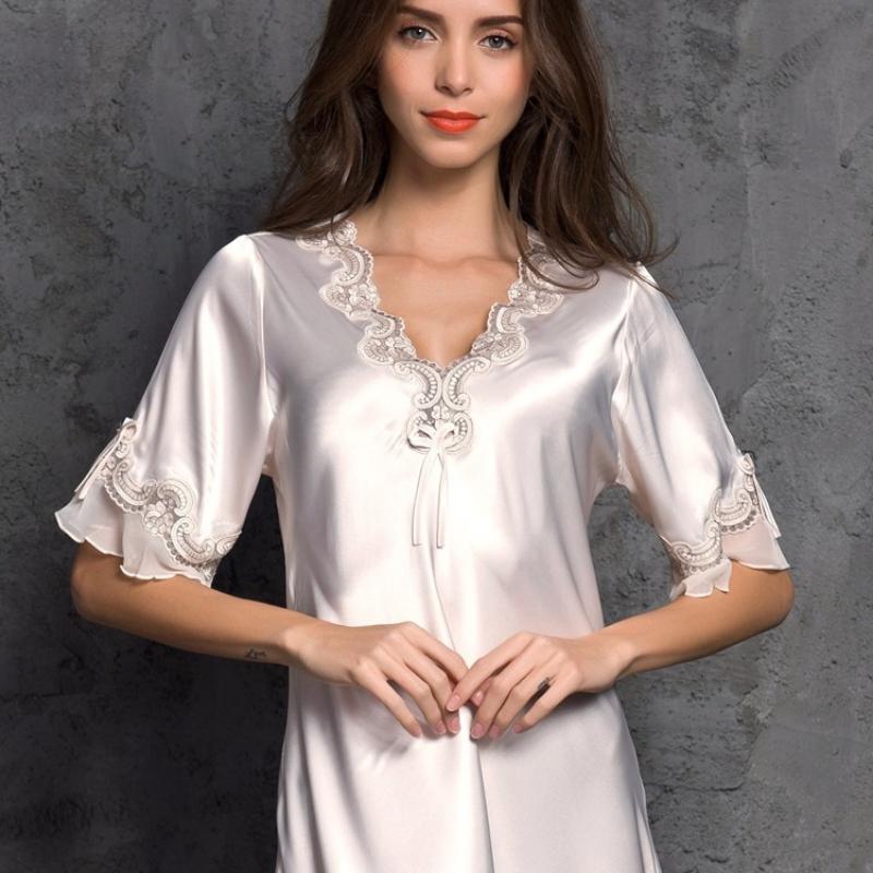 Ice Silk Lace Mini Dress Bottom Dress Nightwear Short Sleeve Nightdress V Neck Autumn Korean Classic Basic Elegant Homewear