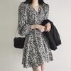 Korean Chic Autumn Retro Temperament V-neck Full Screen Floral Waist Thin Long Sleeve Small Dress Women