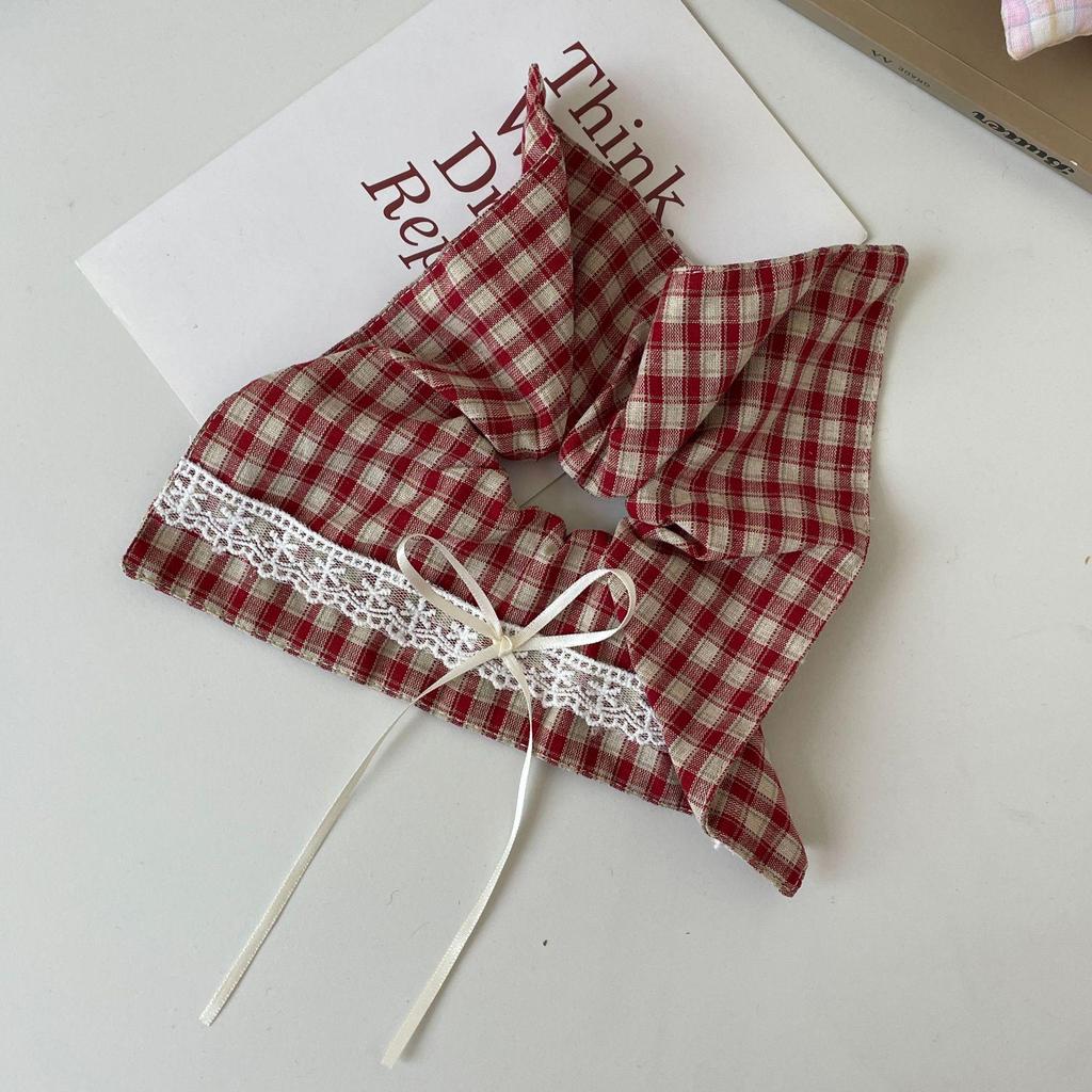 Elegant French Plaid Lace Bow Hair Scarf with Elastic Band