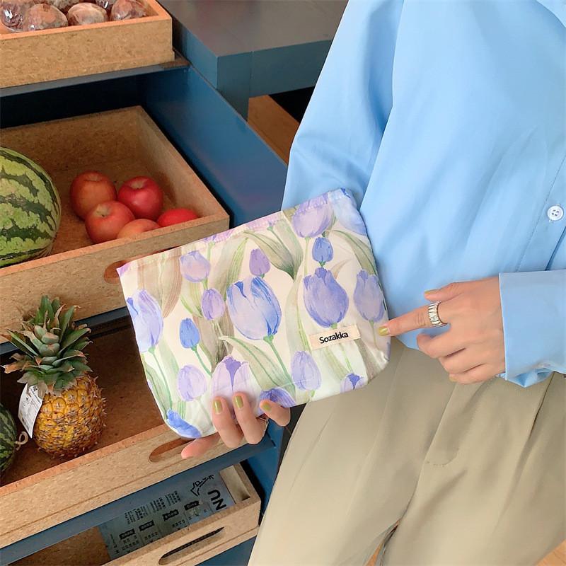 Trendy Monet Garden Floral Patterned Canvas Cosmetic Pouch For Women StyleD