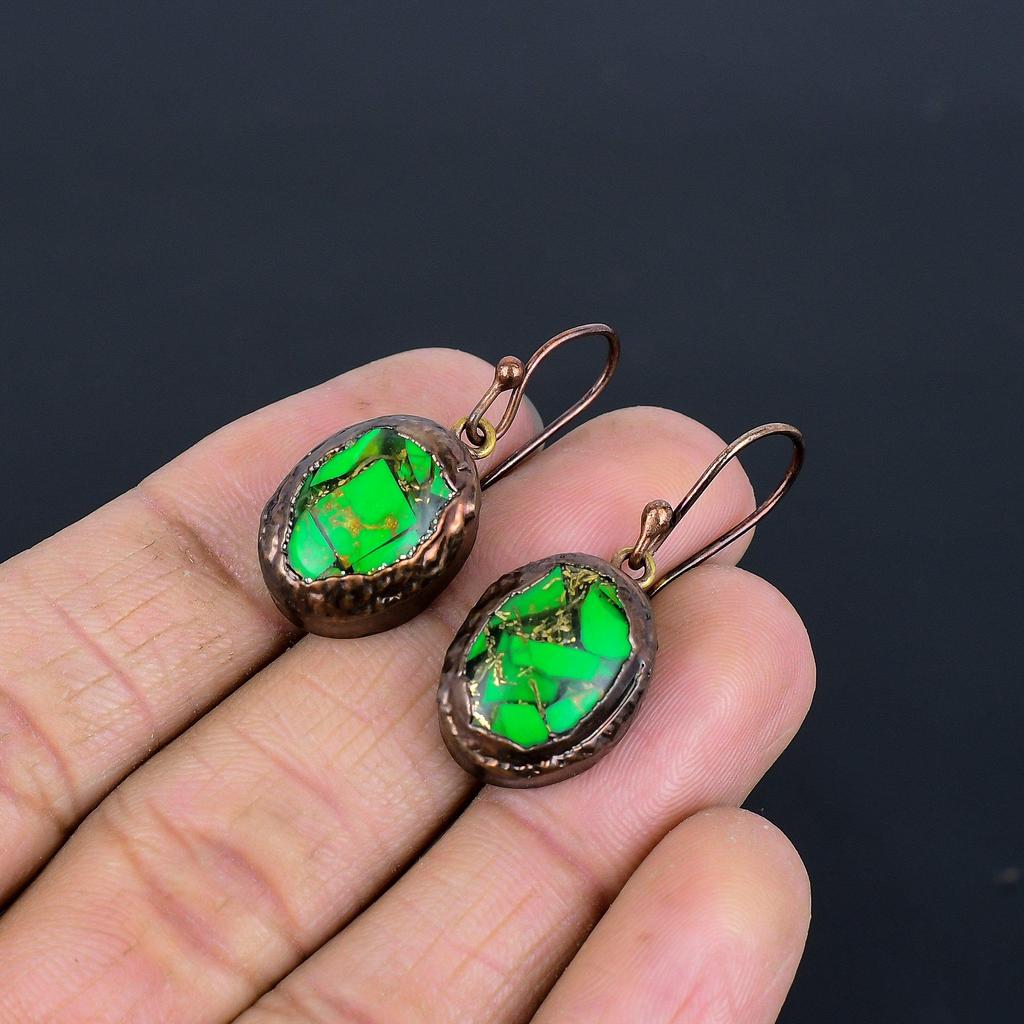 Green Copper Turquoise Earrings, Copper Electroformed Gemstone Jewelry, Handmade Earrings Amazing Jewelry, Gift For Her