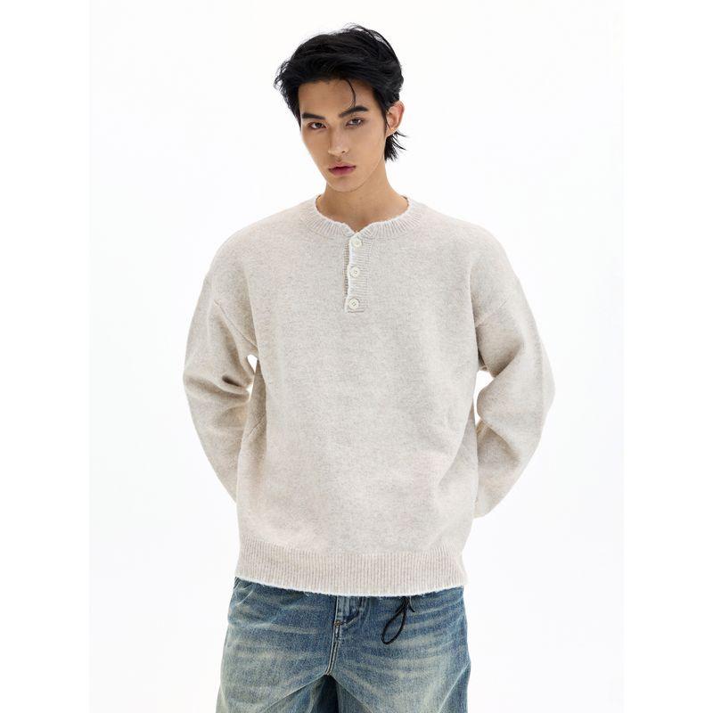 Kisko American-Style Henry Collar Hand-Stitched Wool Blend Knit Sweater for Men and Women, High-End Lazy Base Layer Top