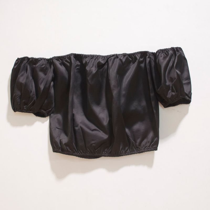 

Glossy Strong Satin Sexy Pure Desire Style off-the-Neck Short Navel Top Pullover Shirt Black L