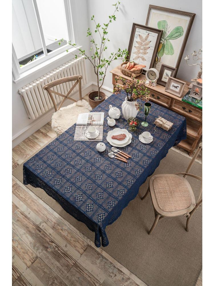 Crochet Lace Tablecloth with Tassels – Elegant Diamond Plaid Design, Cream Floral Patterns, Perfect for Weddings, Family Banquets Everyday Dining Room