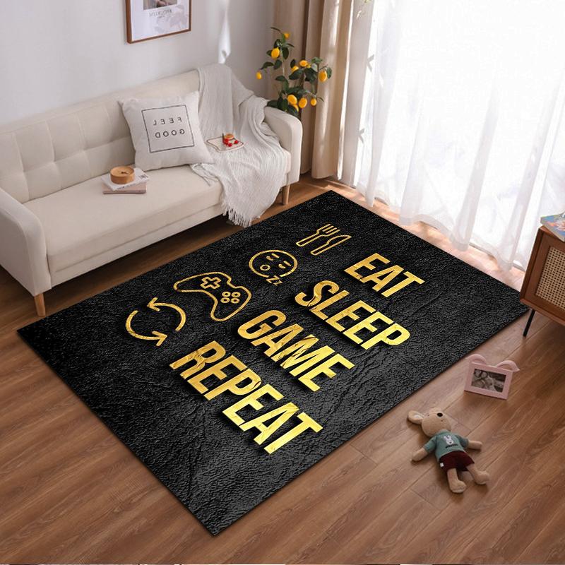 Gaming Carpet with "Eat Sleep Game Repeat" Golden Text Design Suitable for use as an anti-slip for living room bedroom sofas