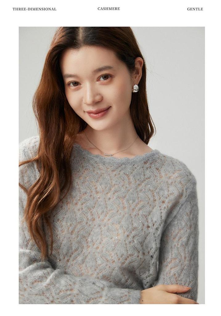 Women's Loose Knit Cashmere Sweater with Hollow Bead Lace and Floral Round Neck
