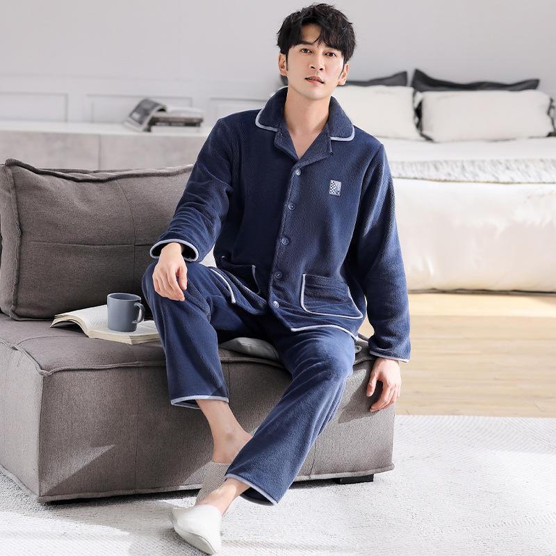 [Antistatic] Flannel Pajamas Men'S Winter And Winter Fleece Thickened Warm Coral Fleece Loungewear Set