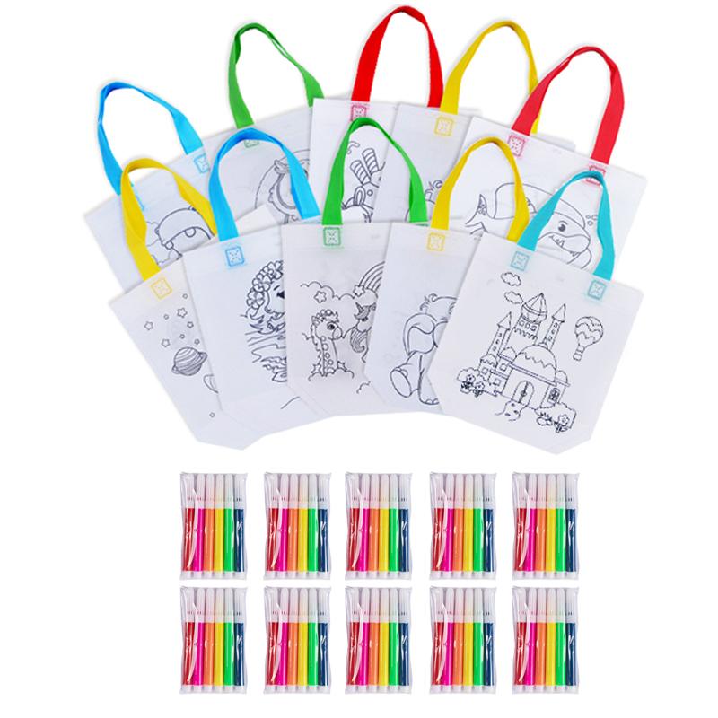 DIY Coloring Goodie Bags with Crayon & Coloring Markers Party Gift Bags for Kids Toy Storage Bag Eco Non-Woven Fabric Bags