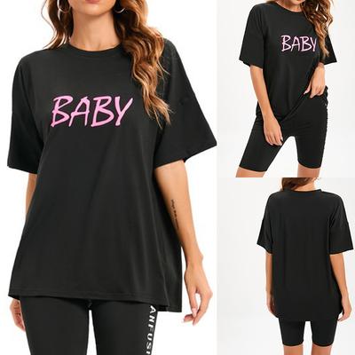 Summer Women Fashion Letter Print Reflective T-shirt Loose Round Neck Top